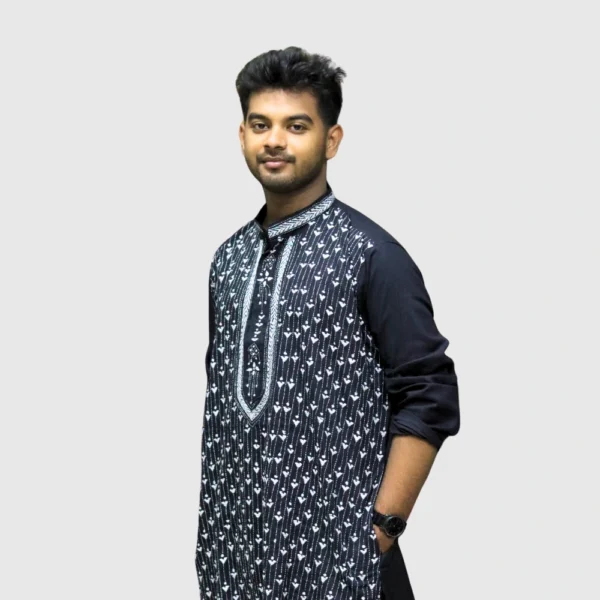 Men's black kurta with white geometric embroidery – trendy ethnic wear by Indlooms
