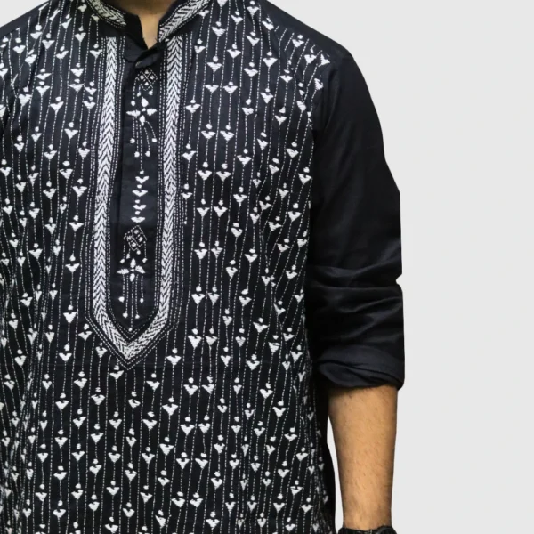 Men's black kurta with white geometric embroidery – trendy ethnic wear by Indlooms