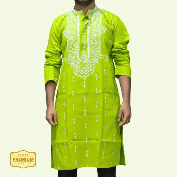 Men's lime green kurta with white thread embroidery – festive ethnic wear by Indlooms
