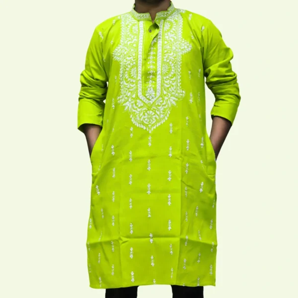 Men's lime green kurta with white thread embroidery – festive ethnic wear by Indlooms