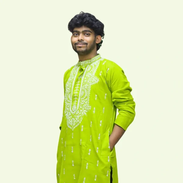 Men's lime green kurta with white thread embroidery – festive ethnic wear by Indlooms