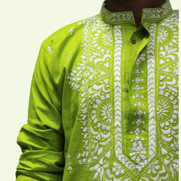 Men's lime green kurta with white thread embroidery – festive ethnic wear by Indlooms