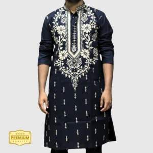 Men's black kurta with cream floral embroidery – traditional ethnic wear from Indlooms