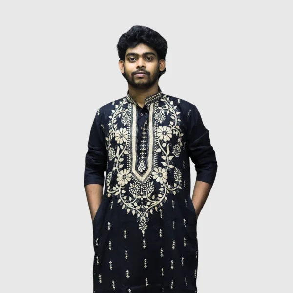 Men's black kurta with cream floral embroidery – traditional ethnic wear from Indlooms