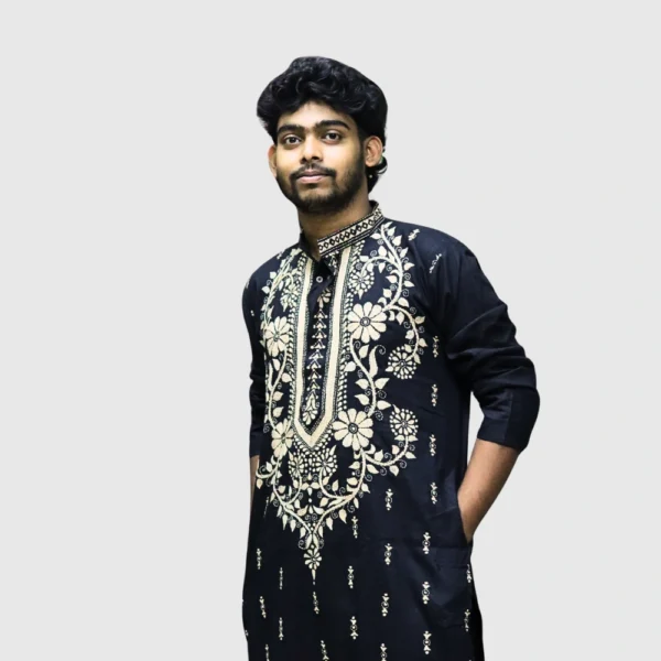Men's black kurta with cream floral embroidery – traditional ethnic wear from Indlooms