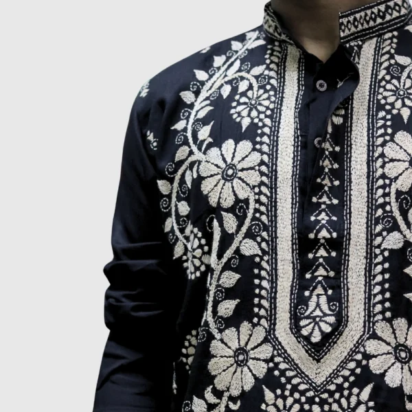 Men's black kurta with cream floral embroidery – traditional ethnic wear from Indlooms