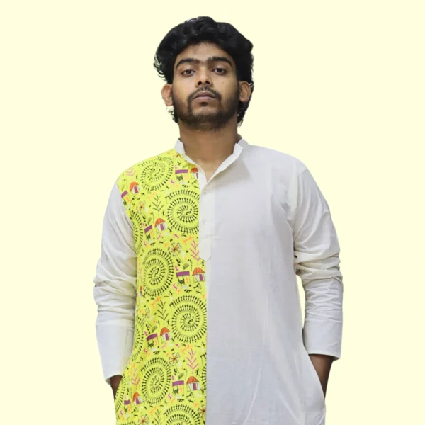 Yellow & Cream Kurta Punjabi with Intricate Kantha Embroidery – Handcrafted by INDLooms - Image 2