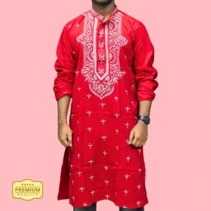 Men's red kurta with white embroidery – handcrafted festive ethnic wear by Indlooms