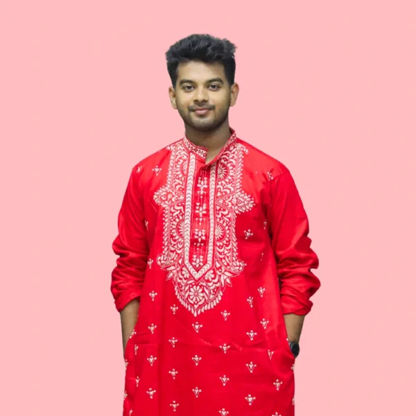 Men's red kurta with white embroidery – handcrafted festive ethnic wear by Indlooms