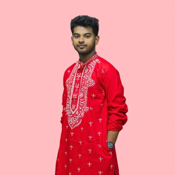Men's red kurta with white embroidery – handcrafted festive ethnic wear by Indlooms