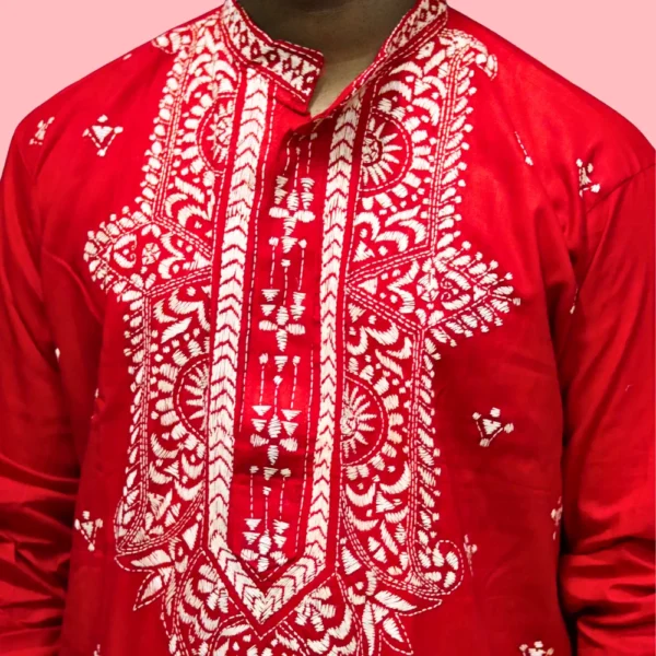 Men's red kurta with white embroidery – handcrafted festive ethnic wear by Indlooms