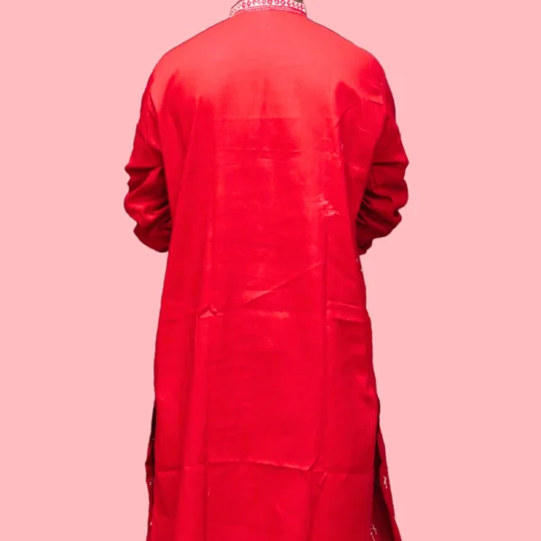 Men's red kurta with white embroidery – handcrafted festive ethnic wear by Indlooms