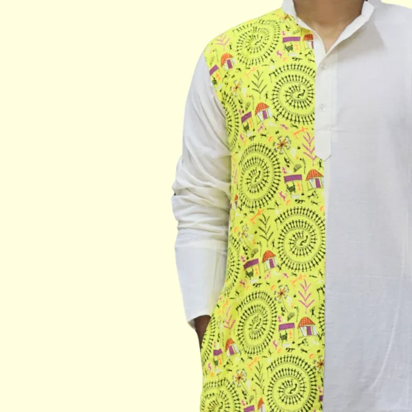 Yellow & Cream Kurta Punjabi with Intricate Kantha Embroidery – Handcrafted by INDLooms - Image 3